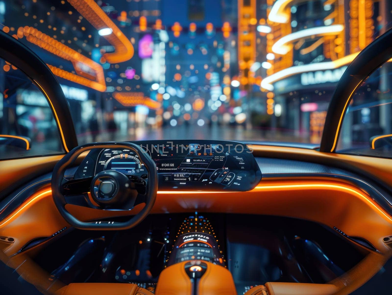 Interior view of an electric car cruising through the city streets at night, with illuminated buildings and traffic lights visible through the windshield.