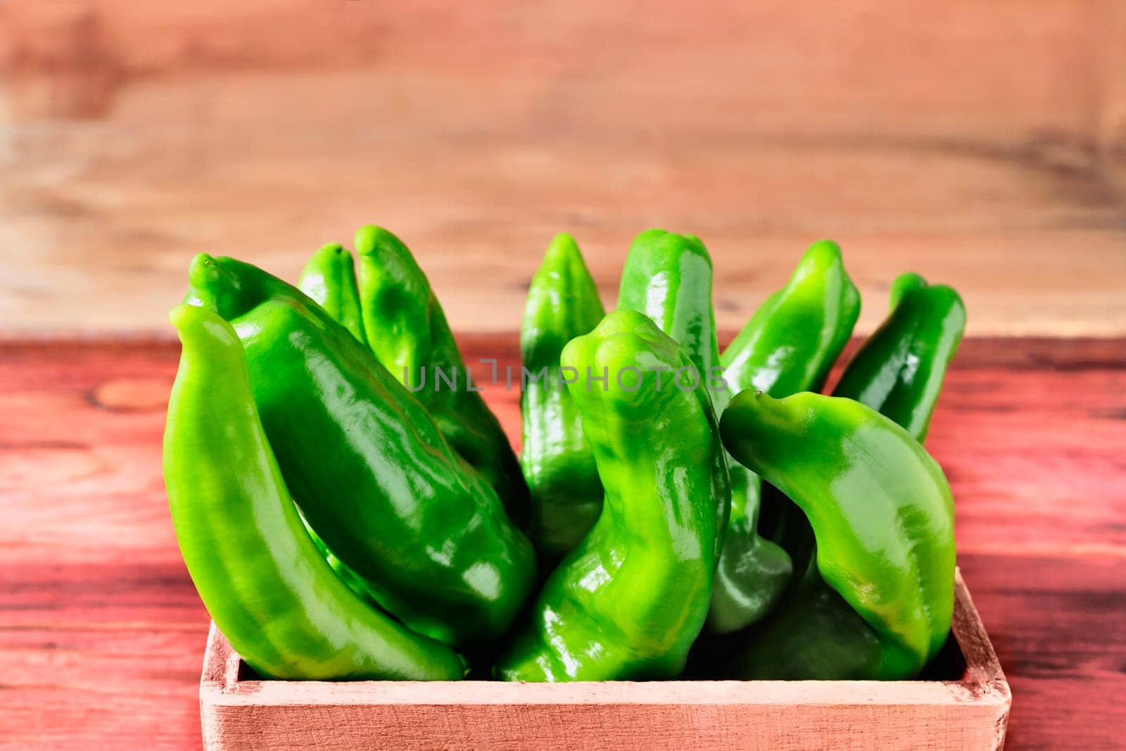 Fresh green peppers in box by victimewalker