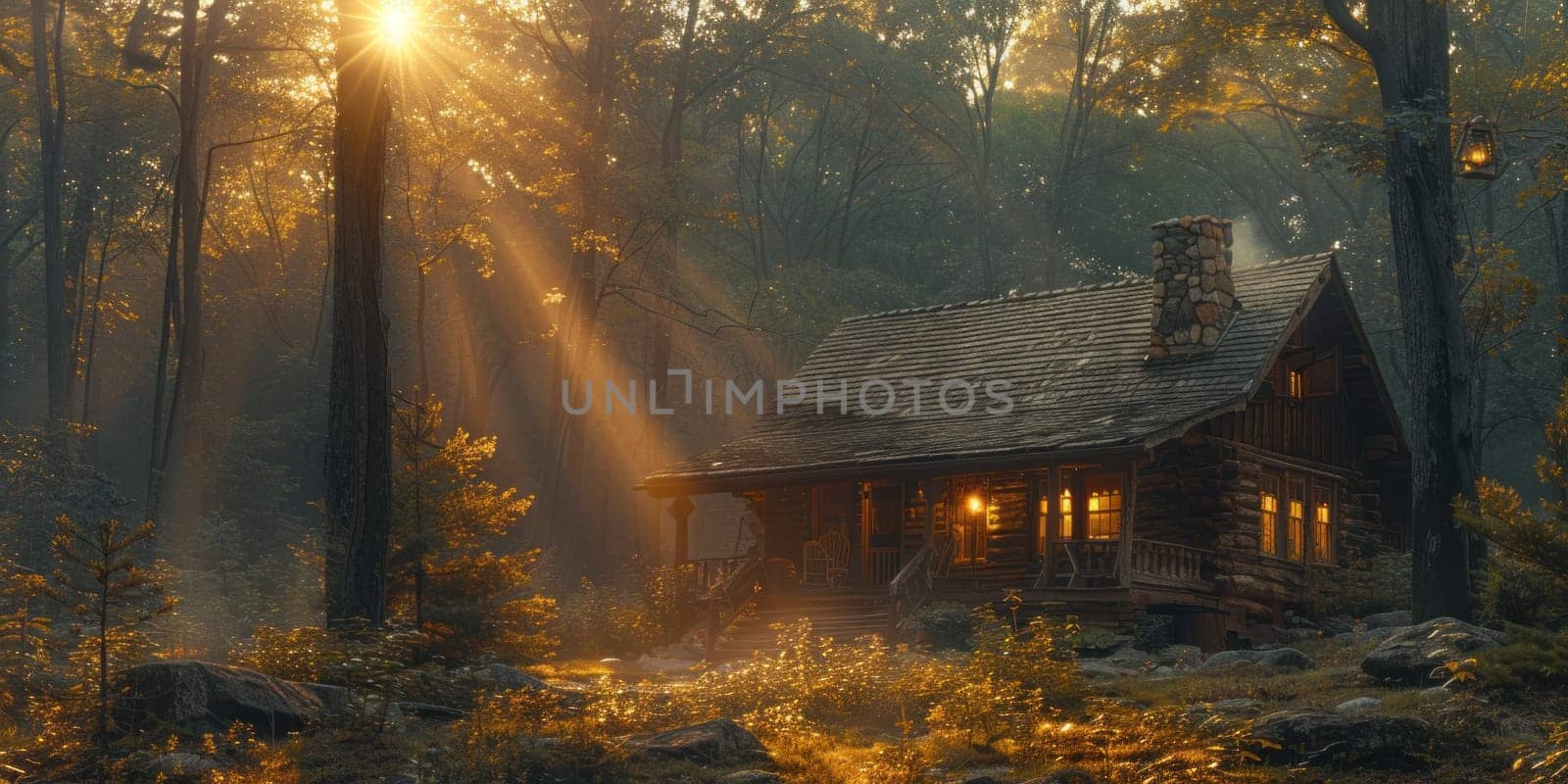 A cabin surrounded by trees with sunlight streaming through the branches, creating a serene woodland scene.