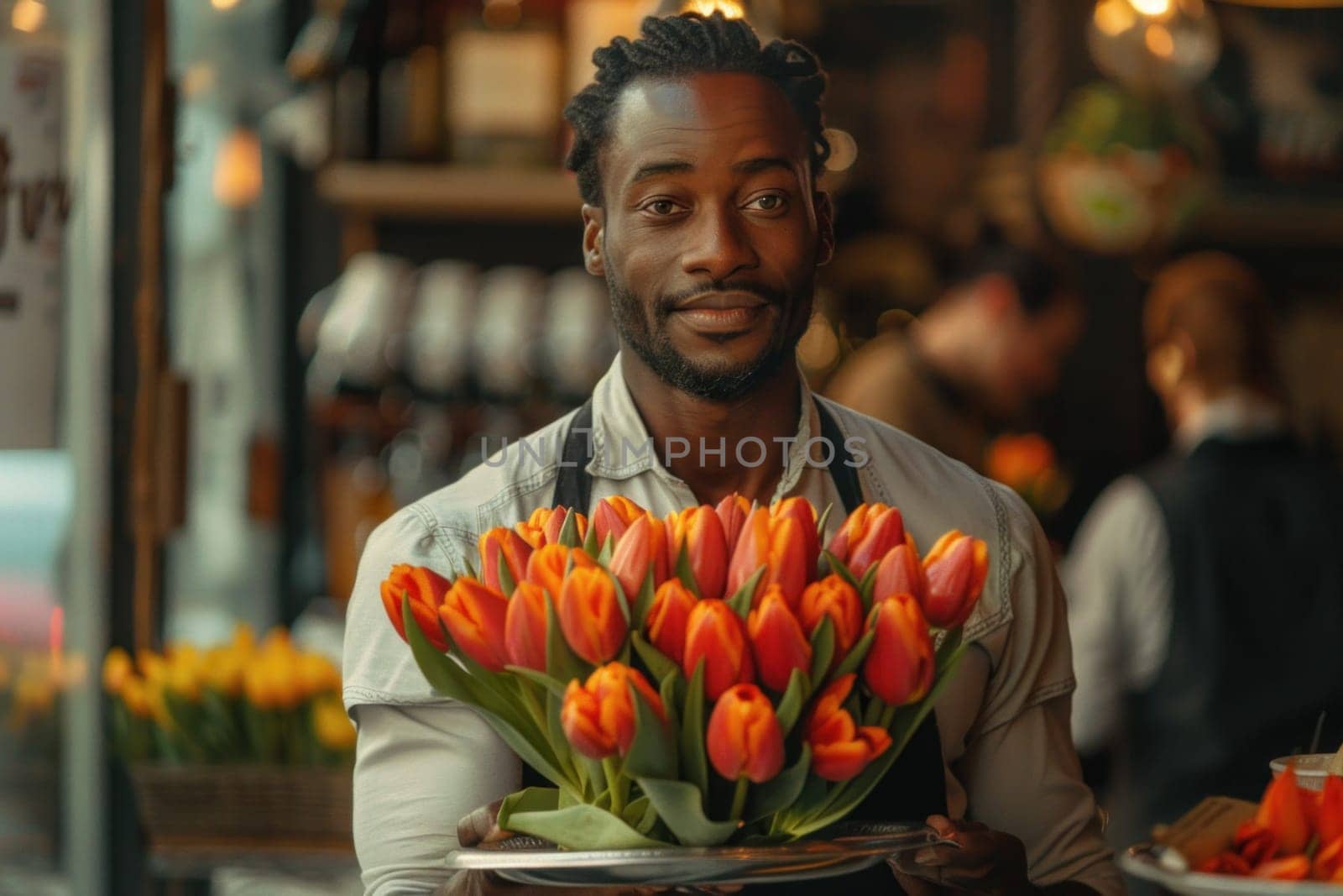 A man standing holding a plate filled with vibrant orange tulips in a bright setting.