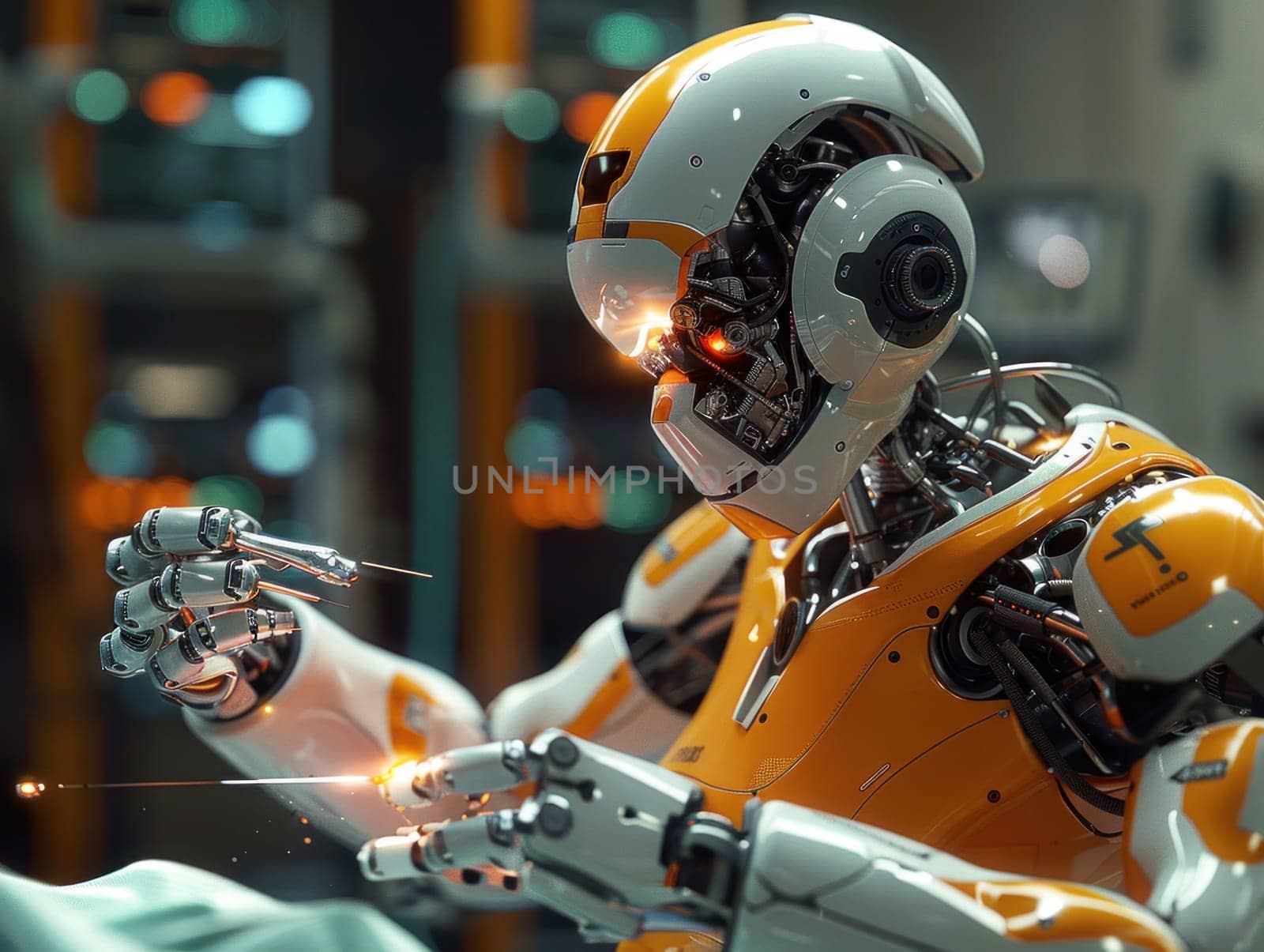 A robot is depicted holding an object in its hand, showcasing advanced technology and robotic capabilities.