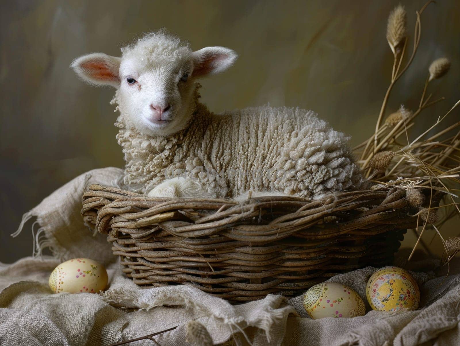 Sheep Sitting in Basket With Eggs by but_photo