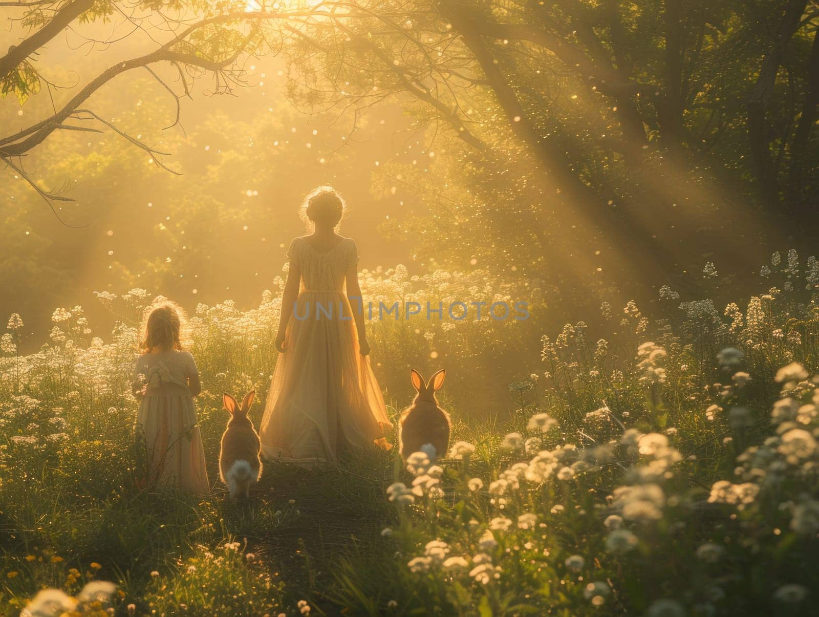 A woman and two children wander through a vibrant field of colorful flowers, under a clear blue sky.