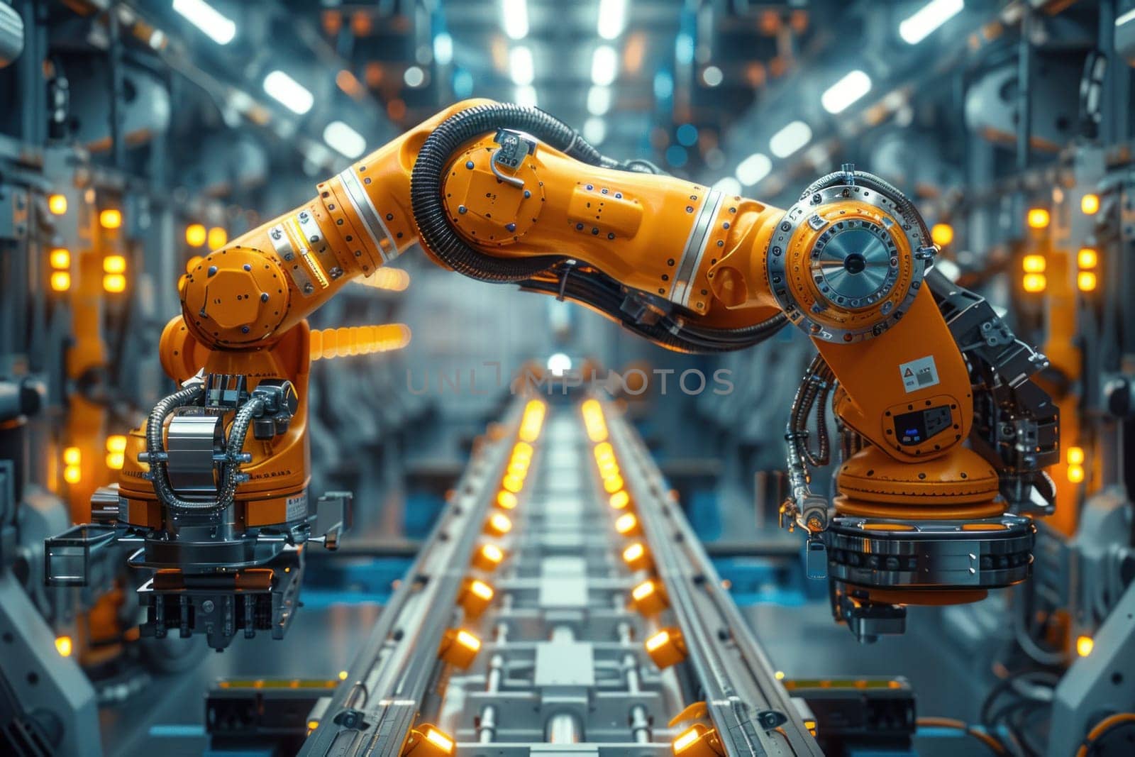 A robotic arm in a factory setting moves along a conveyor belt, performing automated tasks in the manufacturing process.