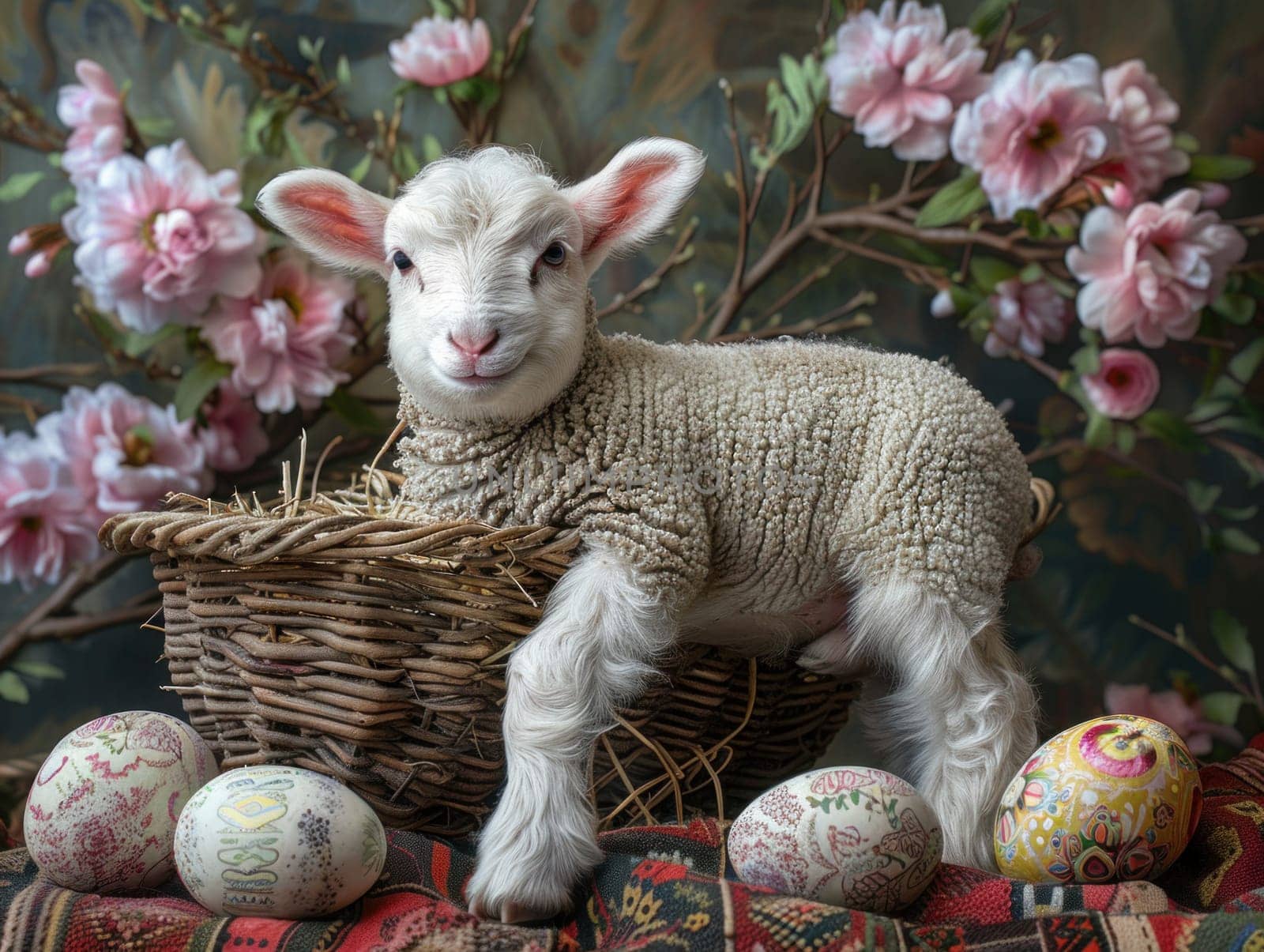 A baby lamb sitting in a basket surrounded by colorful Easter eggs.