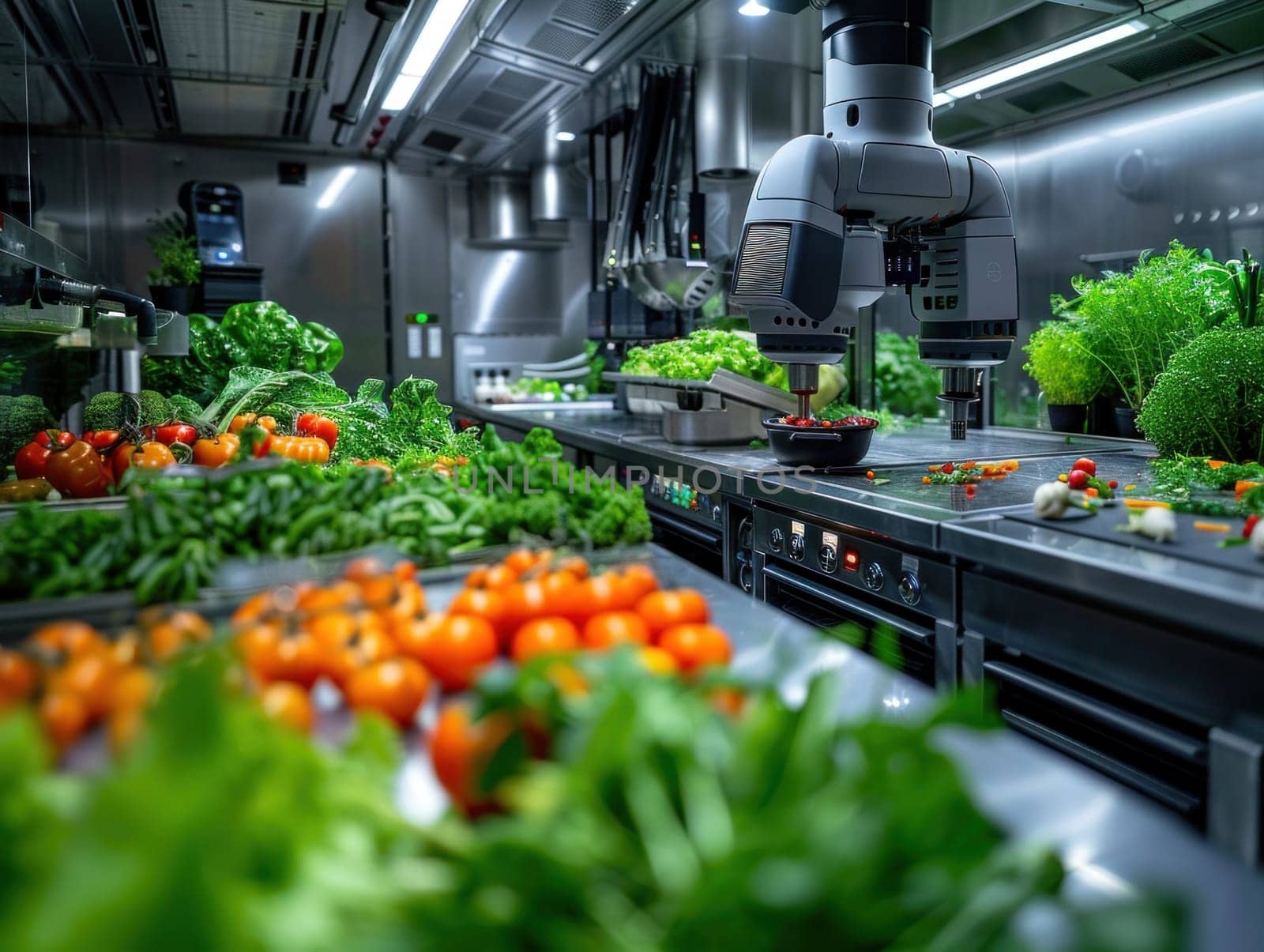 A kitchen filled with a variety of fresh vegetables like tomatoes, broccoli, carrots, and bell peppers.