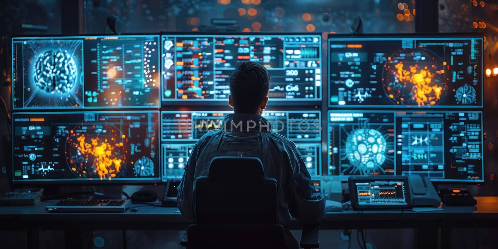 Man Seated at Desk With Multiple Computer Monitors by but_photo