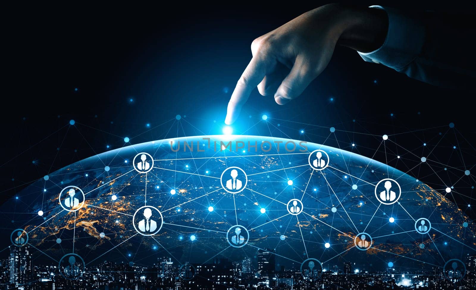 People network and global communication concept. Business people with modern interface of community linking many people around world by social media platform to connect international business. uds