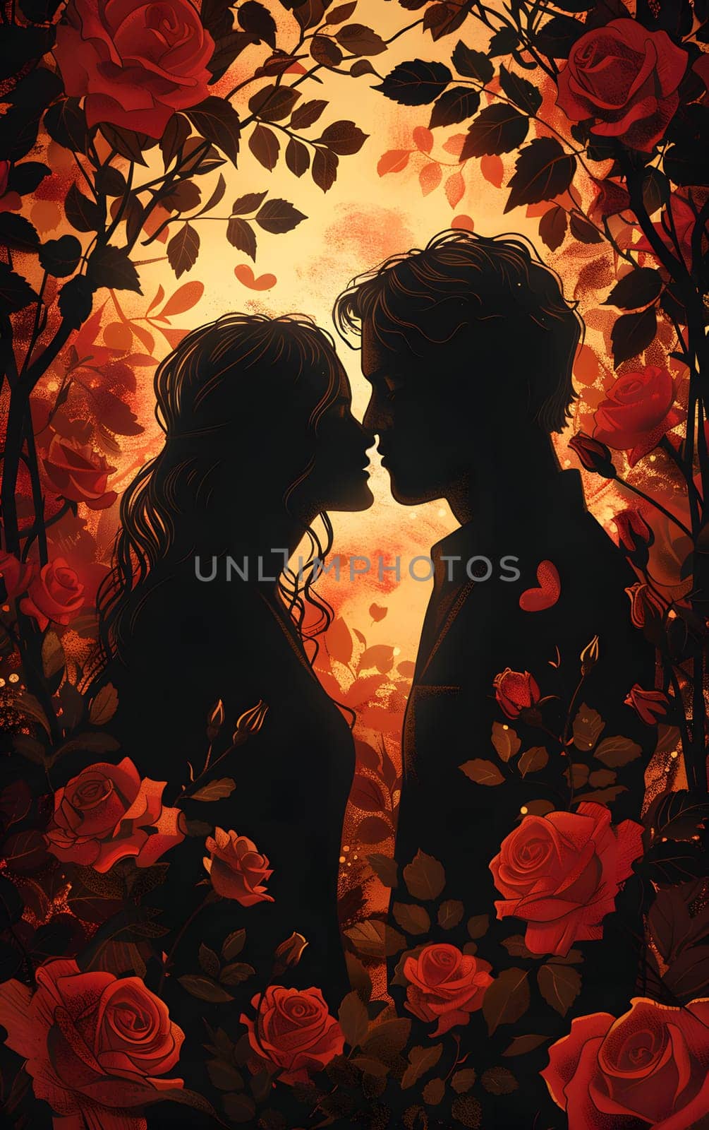 A couple is locked in a loving embrace amidst a garden filled with vibrant red roses, creating a beautiful and romantic scene