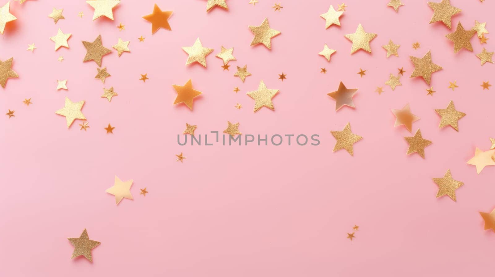 Gold star confetti on a pink background with space for text. Banner, poster, ai