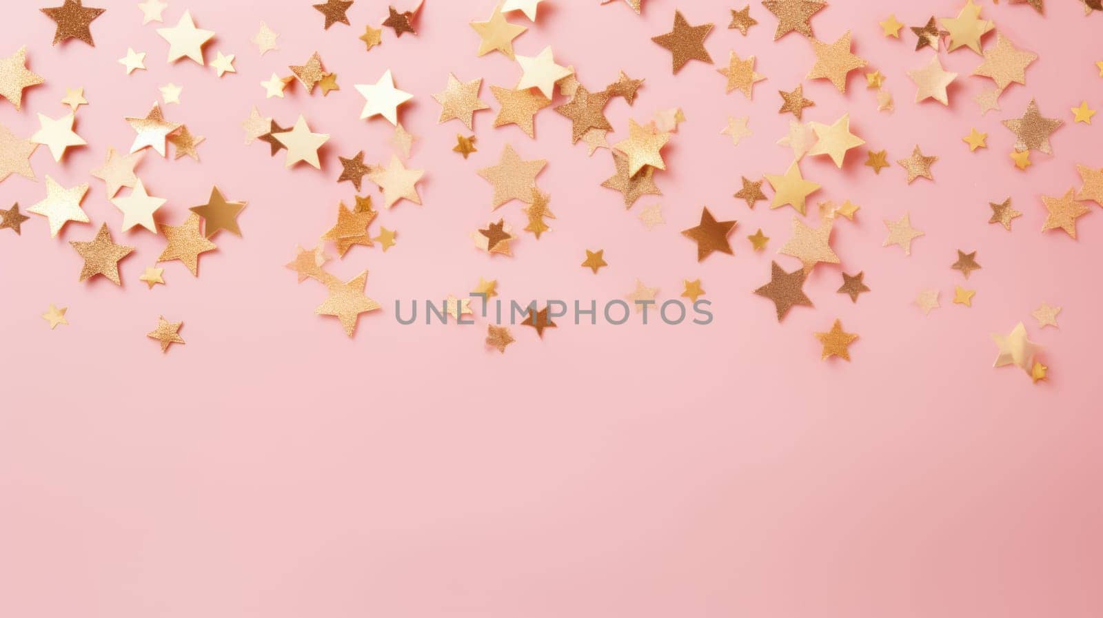 Gold star confetti on a pink background with space for text. Banner, poster, ai