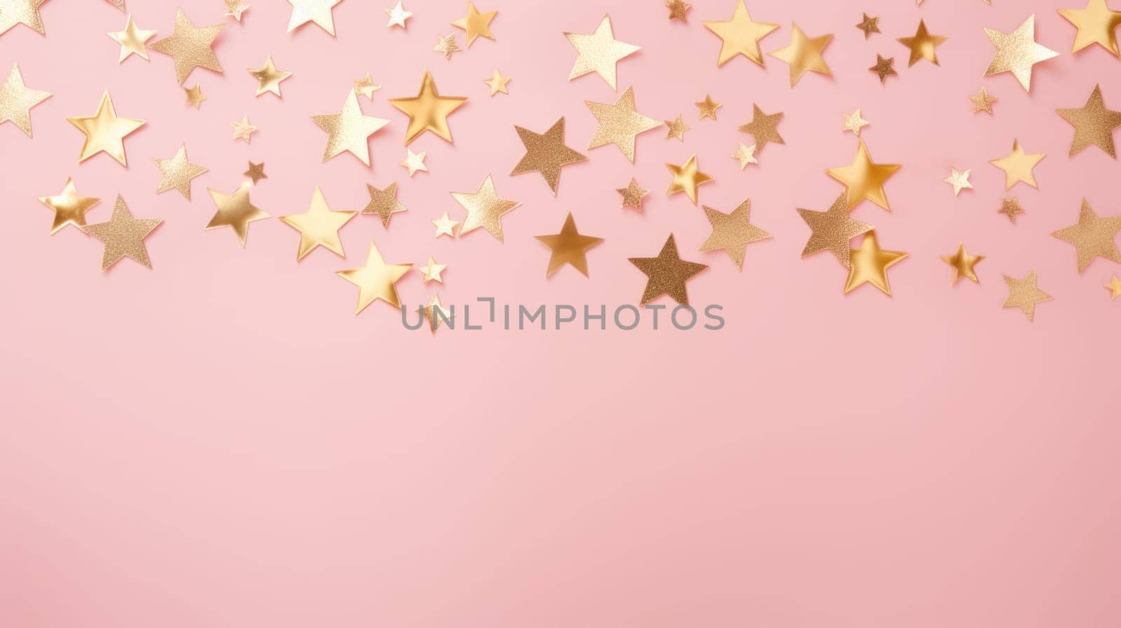 Gold star confetti on a pink background with space for text. Banner, poster, ai