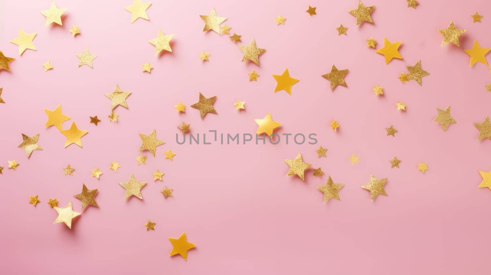 Gold star confetti on a pink background with space for text. Banner, poster, ai