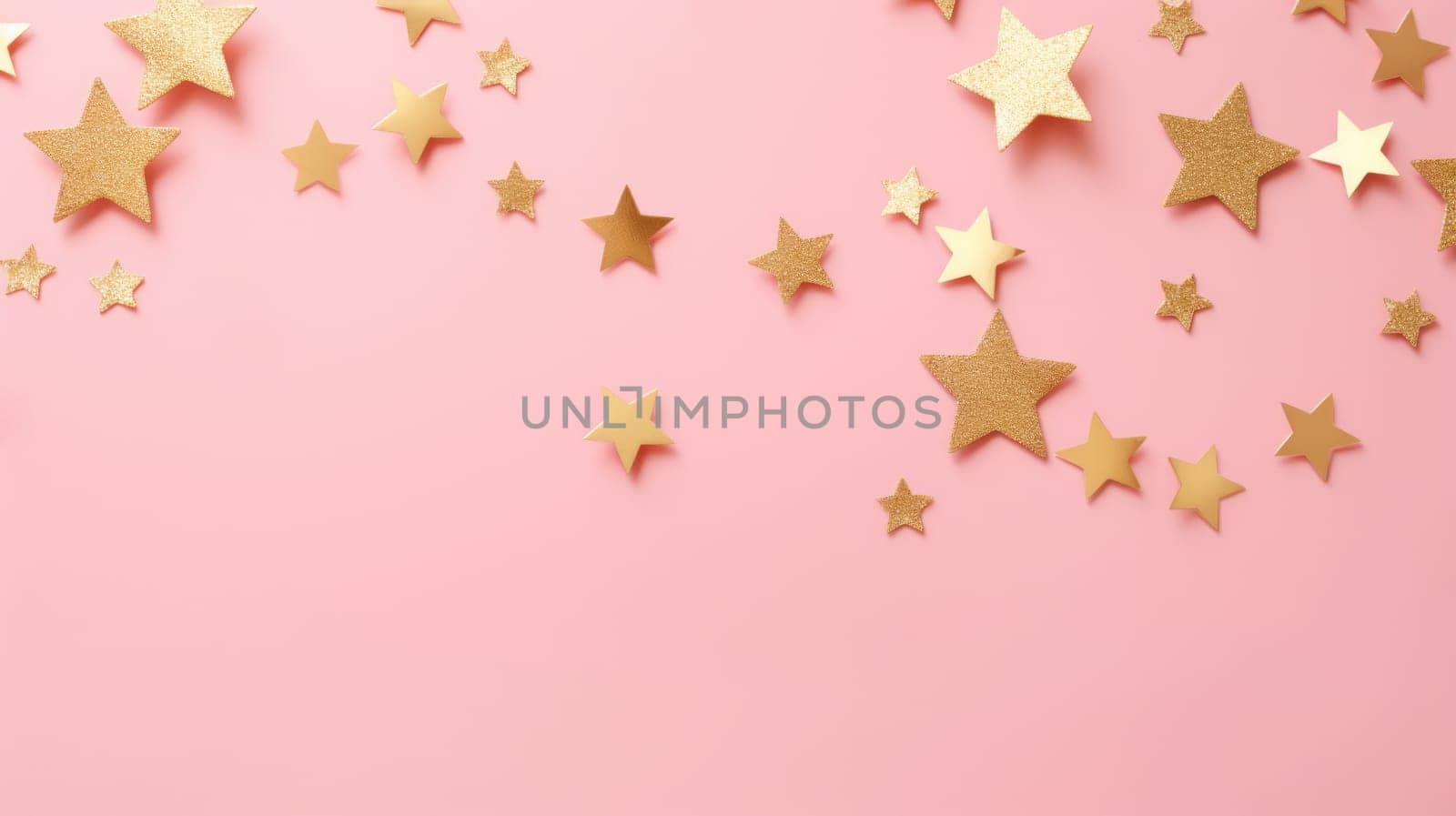 Gold star confetti on a pink background with space for text. Banner, poster, ai