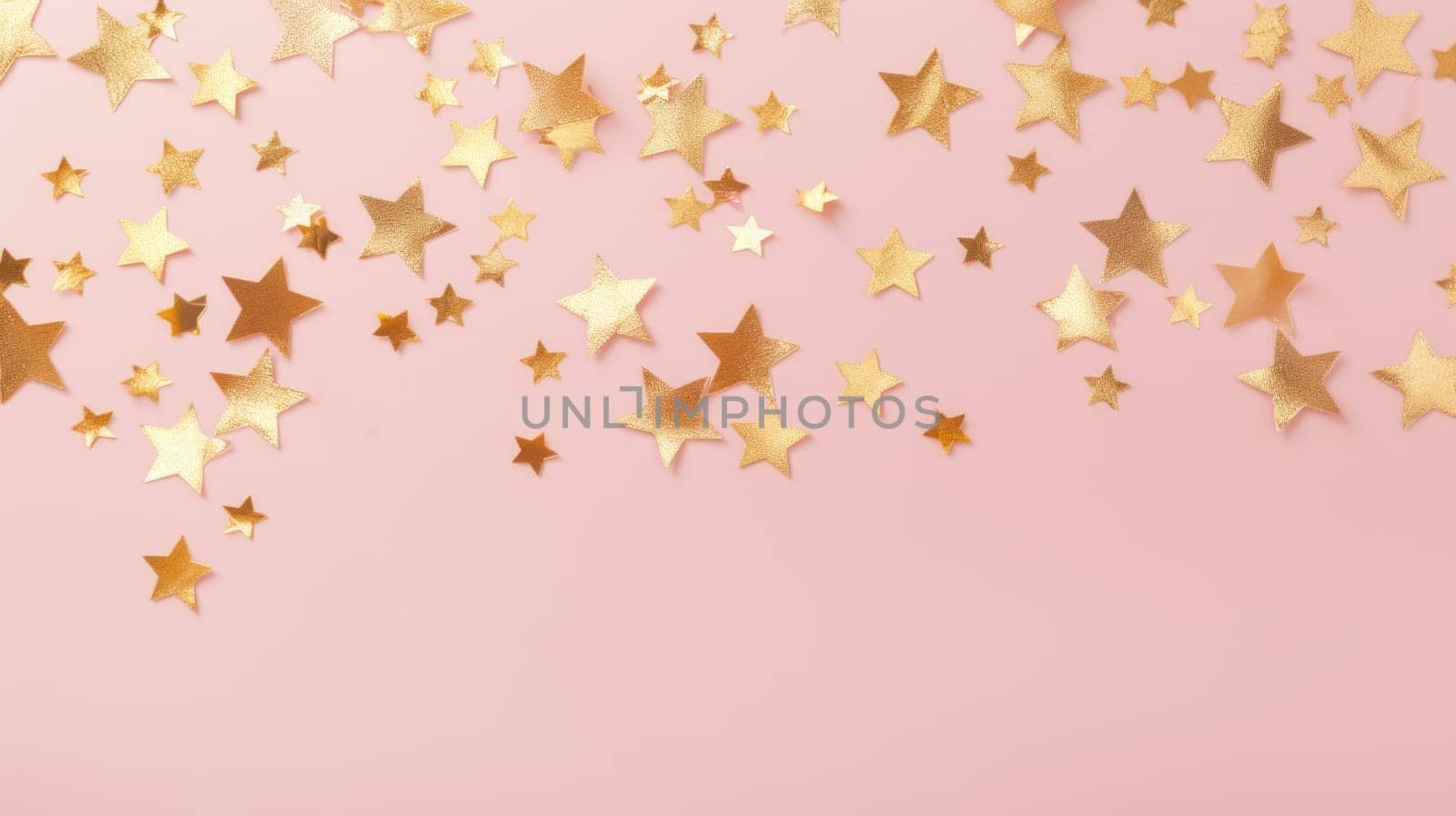 Gold star confetti on a pink background with space for text. Banner, poster, ai