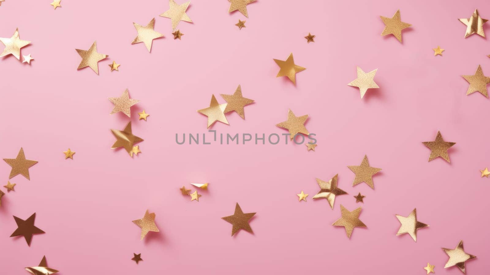 Gold star confetti on a pink background with space for text. Banner, poster, ai