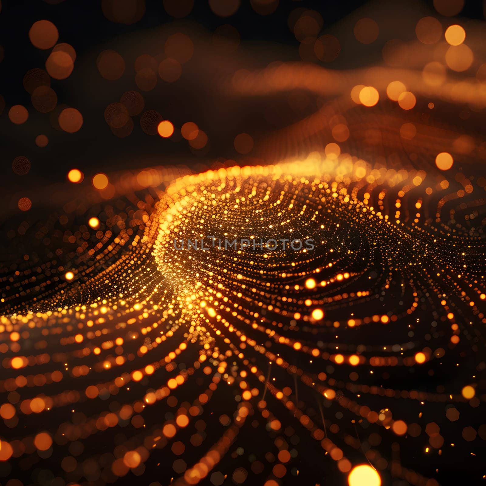 A computer generated image of a swirling mass of golden particles resembling liquid gold. The intricate pattern resembles a closeup of a swirling vortex in a mysterious event