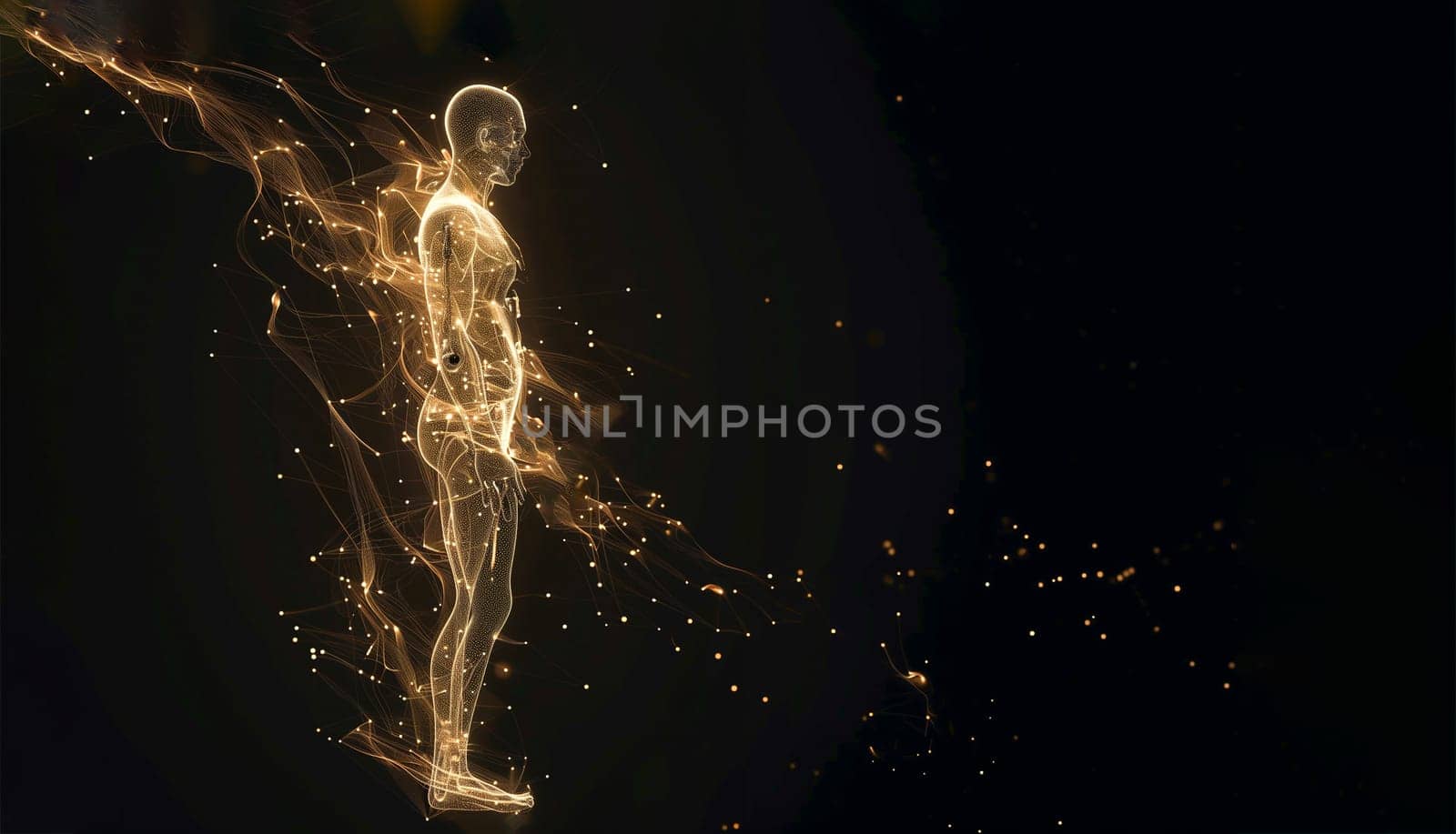 Man Hologram, Gold Glow Wireframe In Shape Of Human. Health, Science And Technology Concept In Dark And Golden Light. Esoteric, Astrology, Meditation, Energy Healing. Ai Generated. Horizontal Plane by netatsi