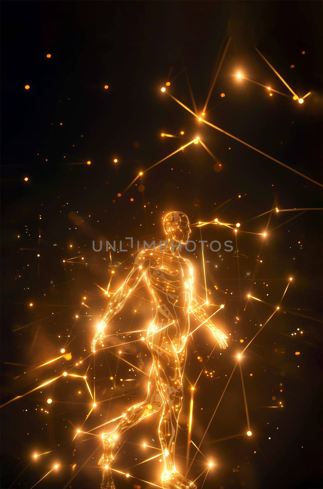 3D Man Hologram, Gold Glow Wireframe In Shape Of Human. Health, Science And Technology Concept In Dark And Golden Light. Esoteric, Astrology, Meditation, Energy Healing. Ai Generated. Vertical Plane.