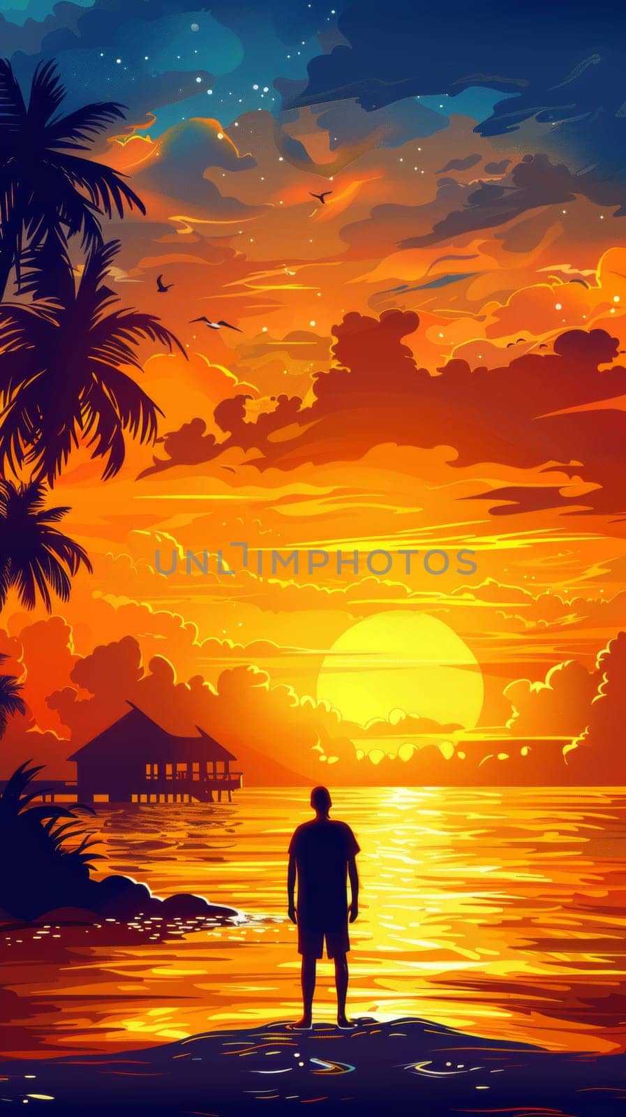 A man standing on the beach at sunset with palm trees in background
