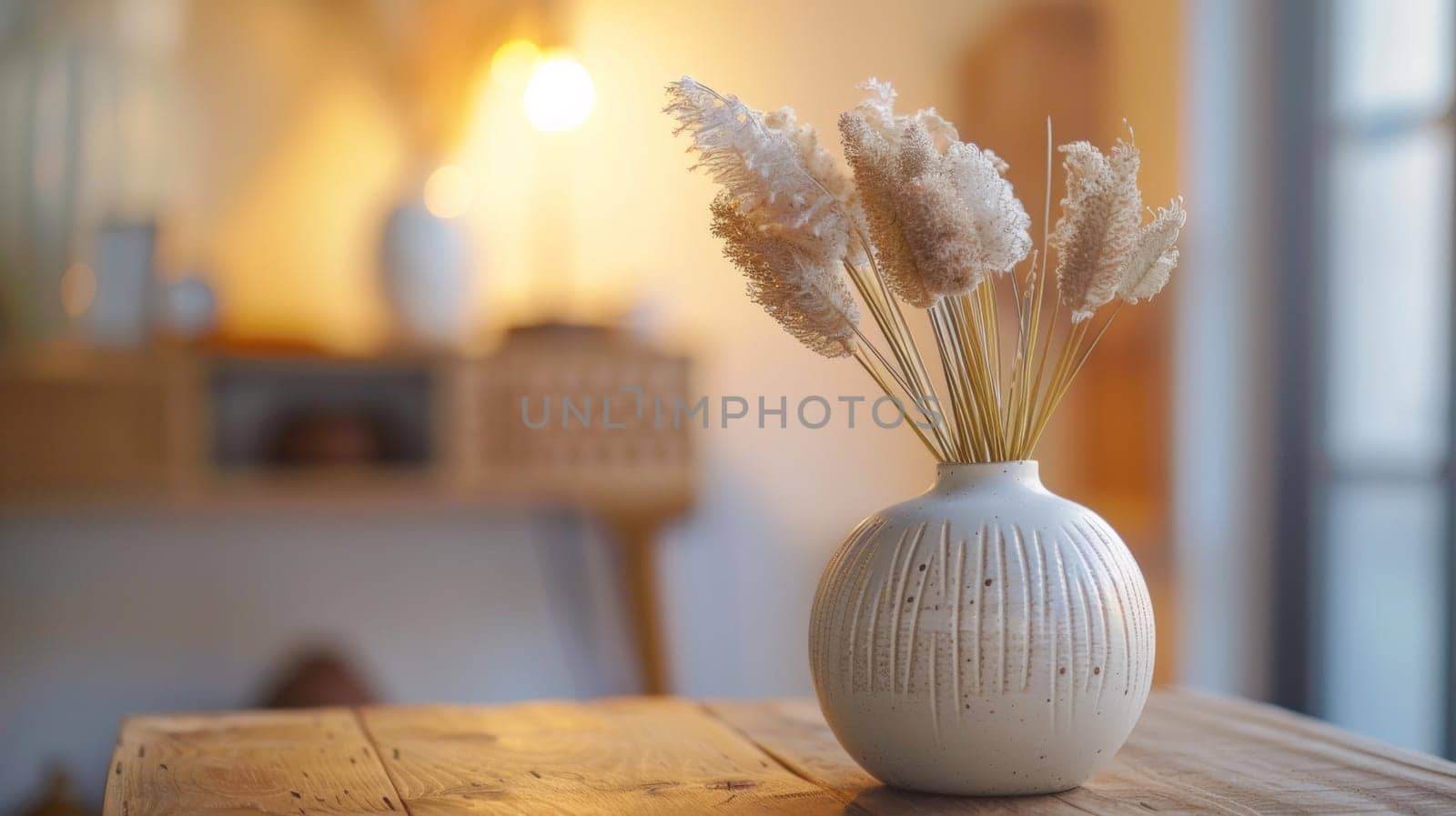 A white vase with dried flowers on a wooden table