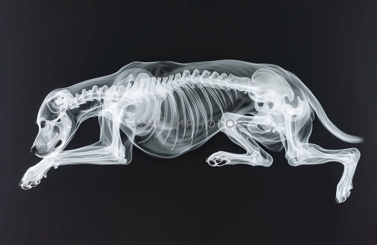 Radiographs, X Ray Picture With Dog's Skeleton for Treatment and Diagnosis. Animal Hospitals, Vet. Pet Scan. AI Generated Puppy Positron Emission Tomography Mockup. Horizontal Plane. by netatsi