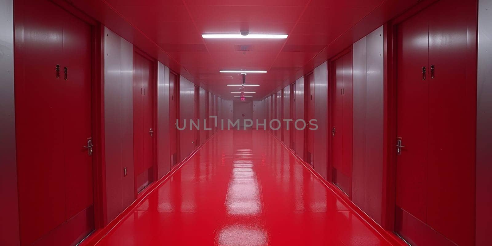 A long hallway with red walls and doors leading to a room