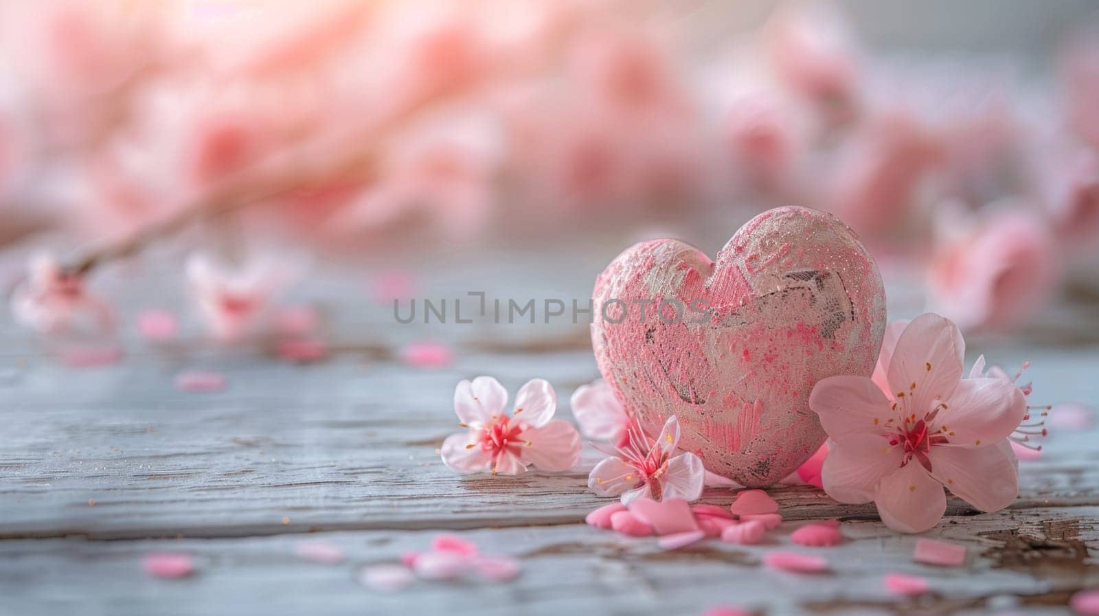 A heart shaped rock and pink flowers on a wooden table