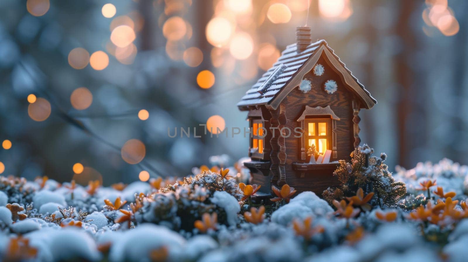 A small house with a lit candle in the window surrounded by snow