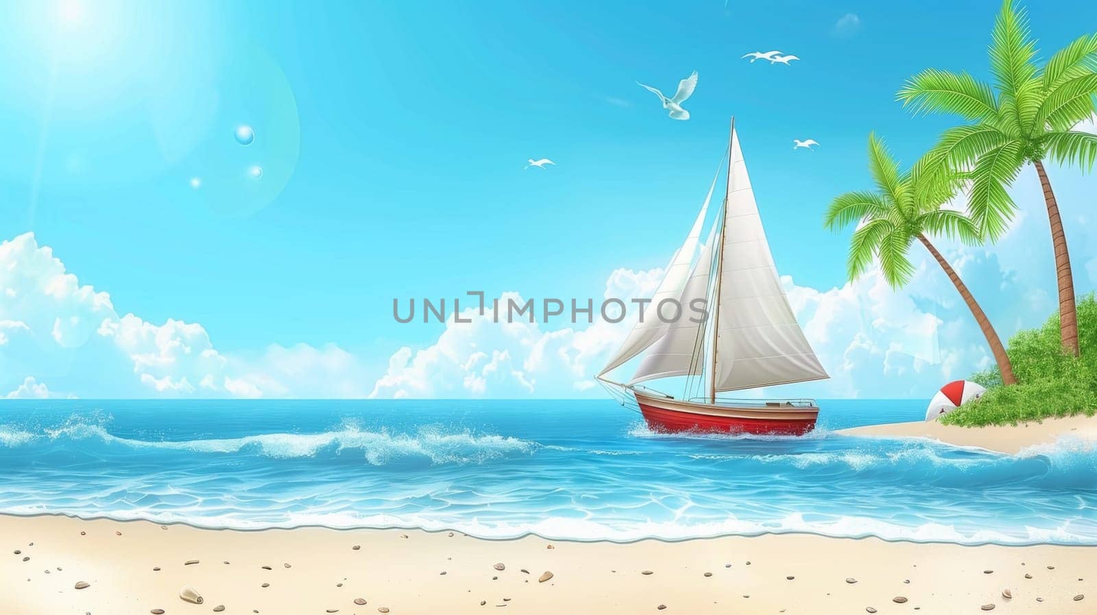 A sailboat is sailing on the ocean near a beach