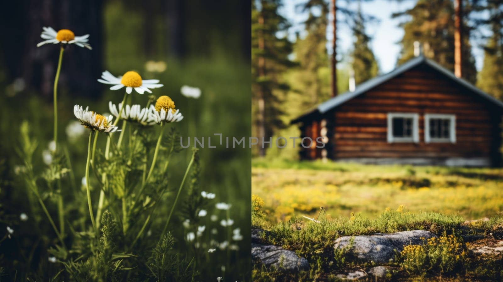A picture of a small cabin and some flowers in the woods