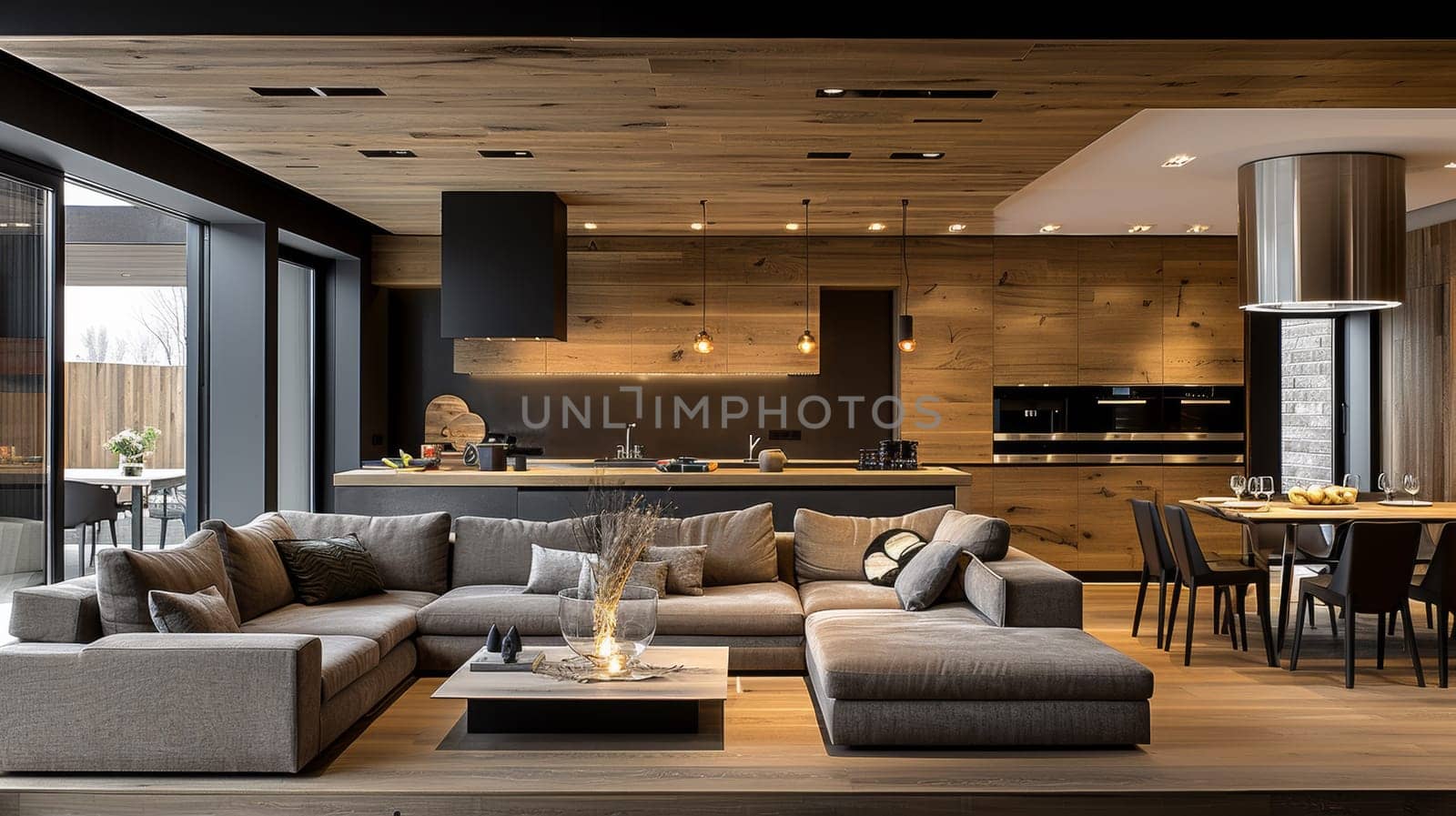A large living room with a couch, table and chairs