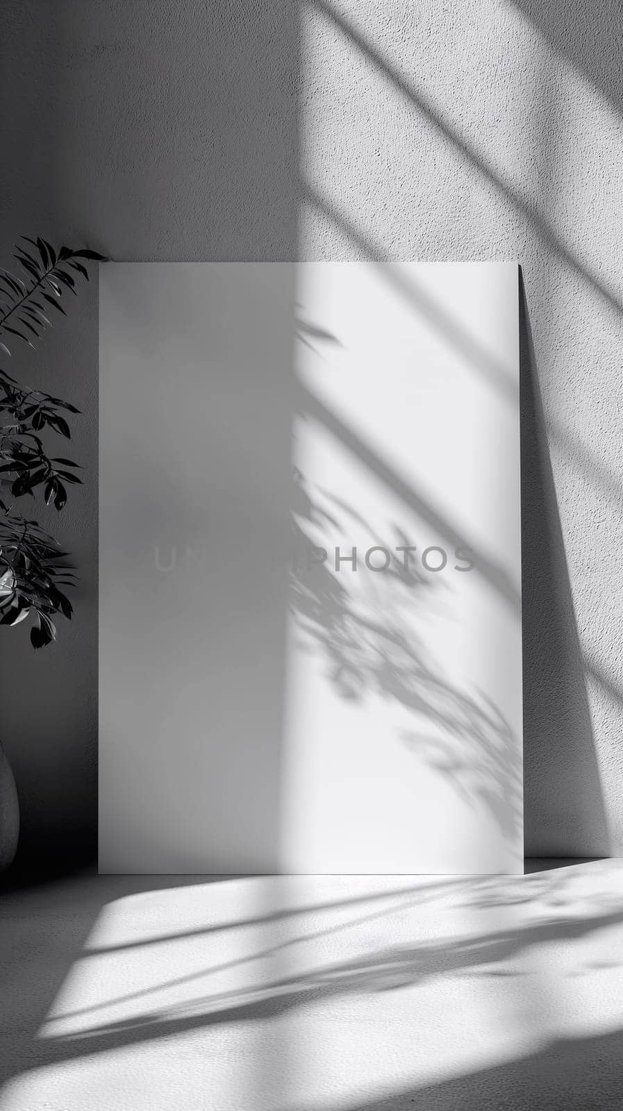 A play of light and shadow creates an abstract design on a blank canvas against a wall, ideal for branding mockups