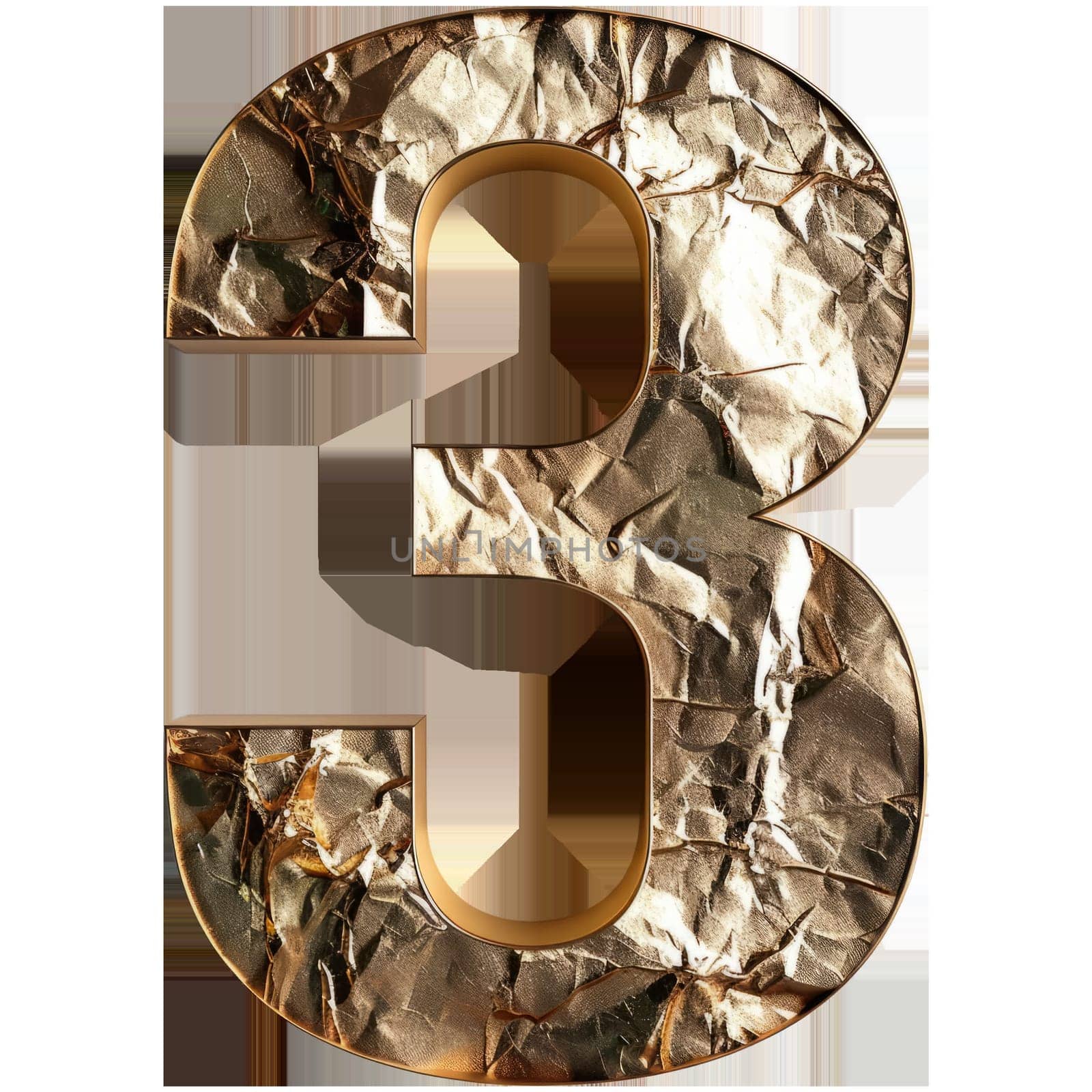 Golden Number 3 Png Isolated on White Background. Golden Foil Font Element. Ai generated