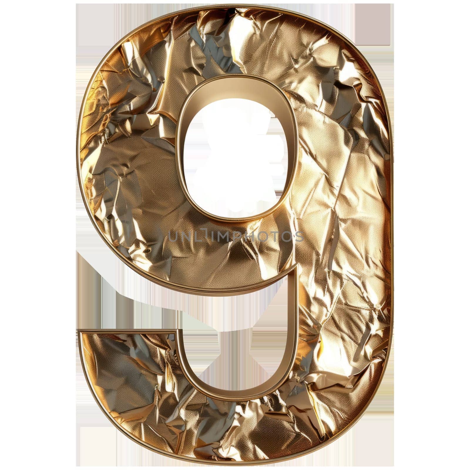 Golden Number 9 Png Isolated on White Background. Golden Foil Font Element. Ai generated