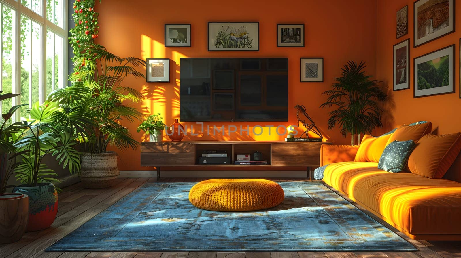 A vibrant living room with orange walls, wood flooring, a flat screen TV on the wall, and a cozy couch with a houseplant by the window