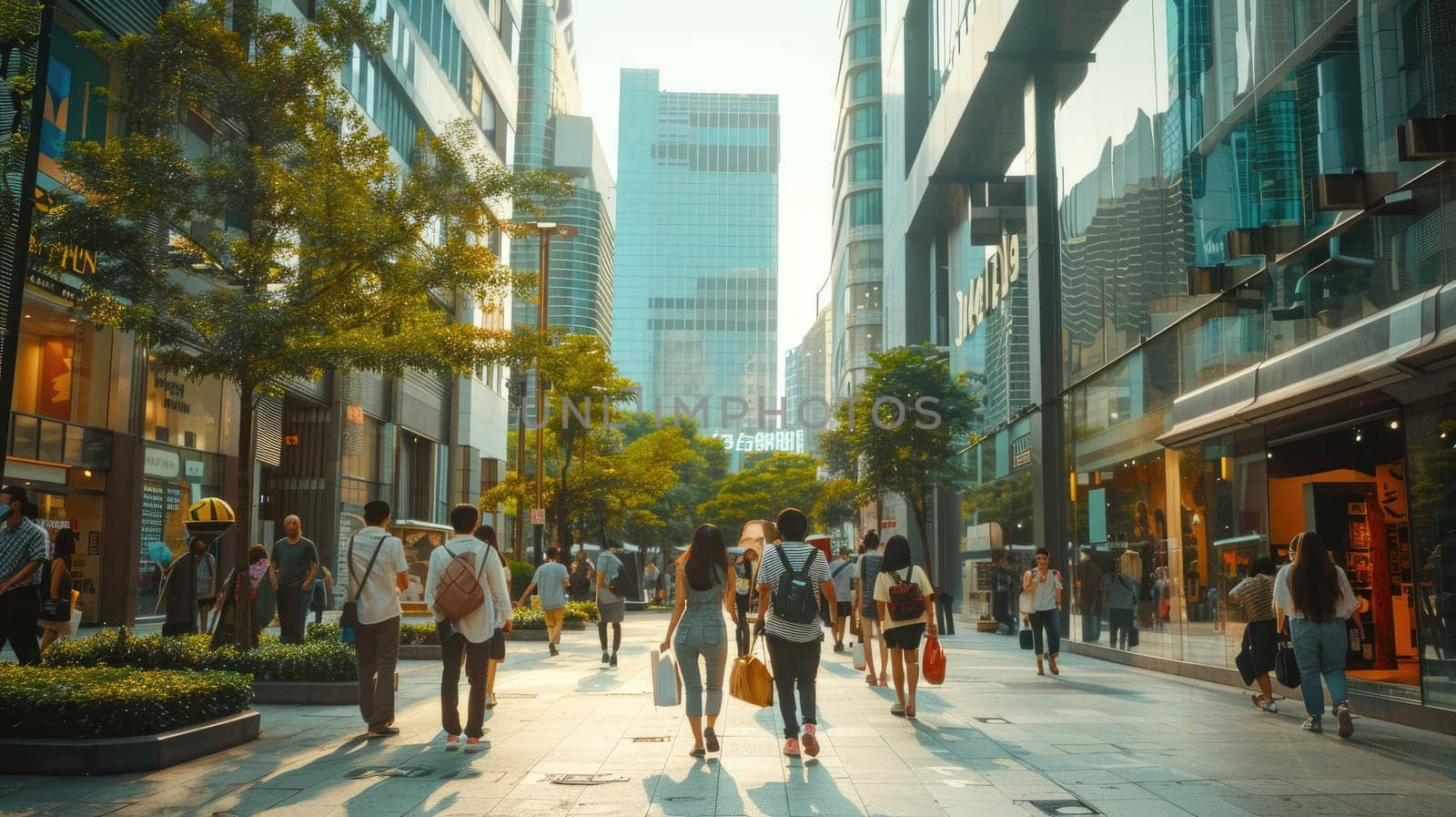A modern city street with people, Crowd of people walking on the busy city street, Generative AI by nijieimu