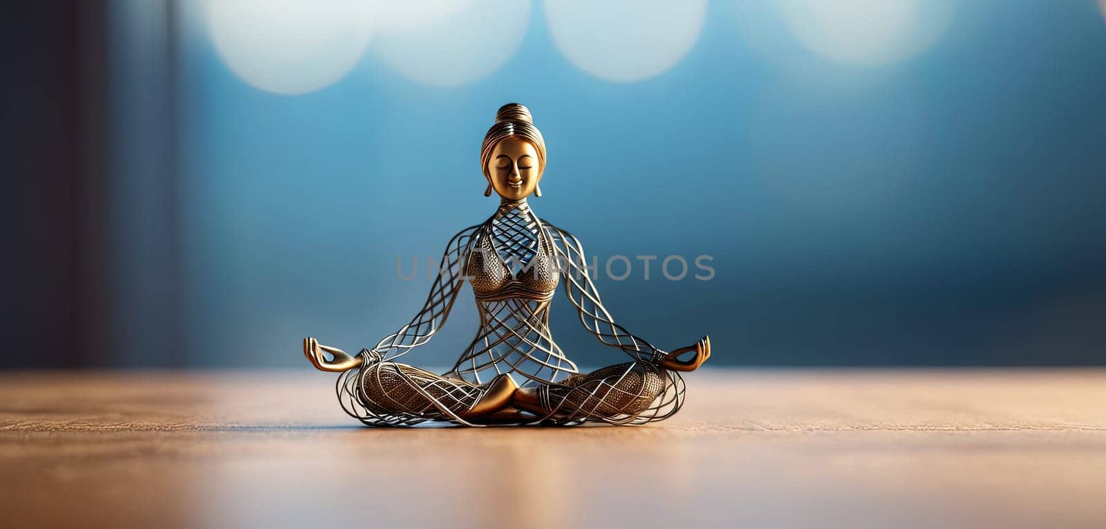 Woman in yoga pose, bent wire figure on blue backdrop, Creative figures symbol of yoga and harmony, art and serenity intersection. Female fitness yoga routine concept. Healthy lifestyle. by panophotograph