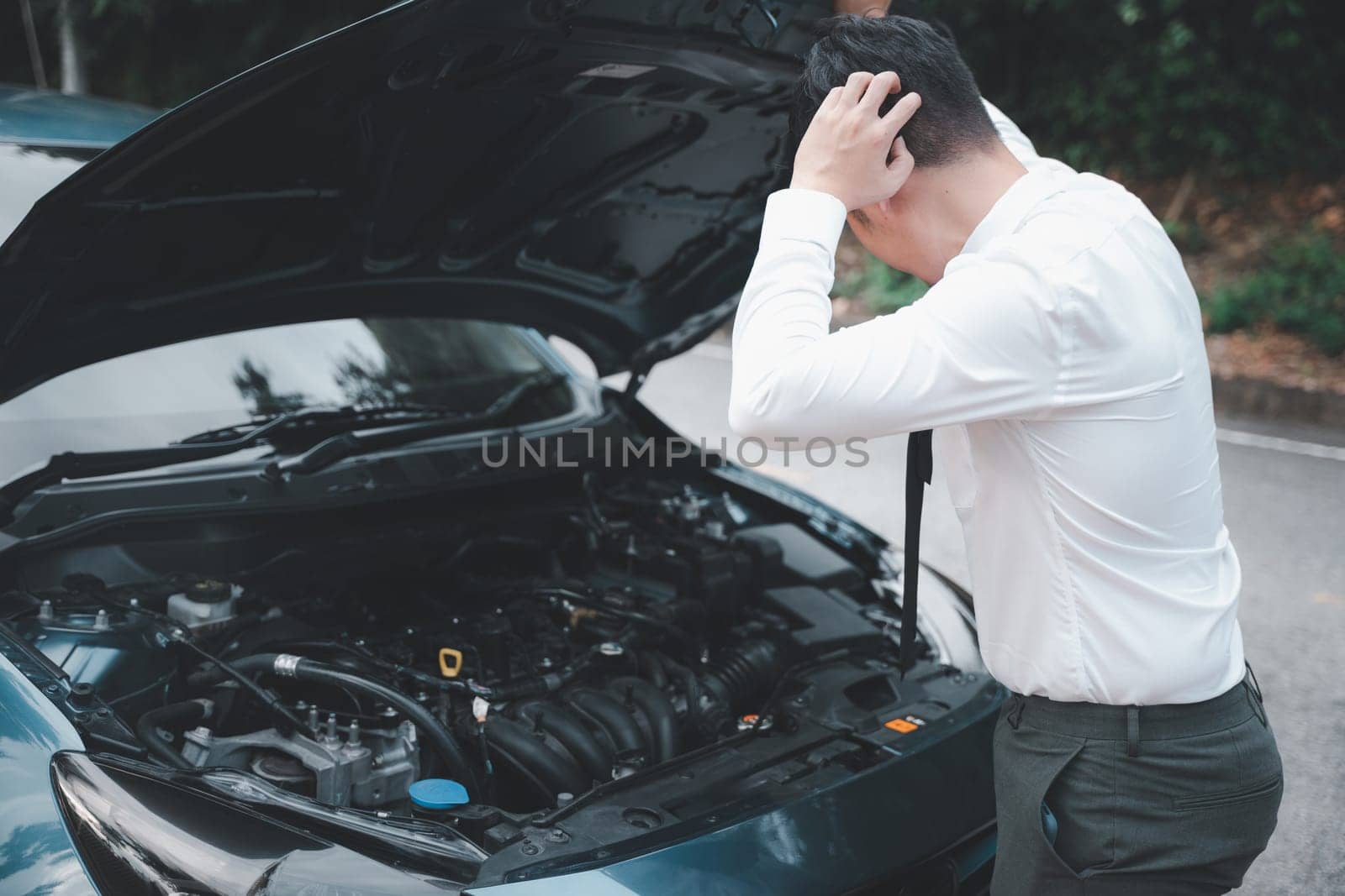 Asian businessman car broken breakdown by Sorapop