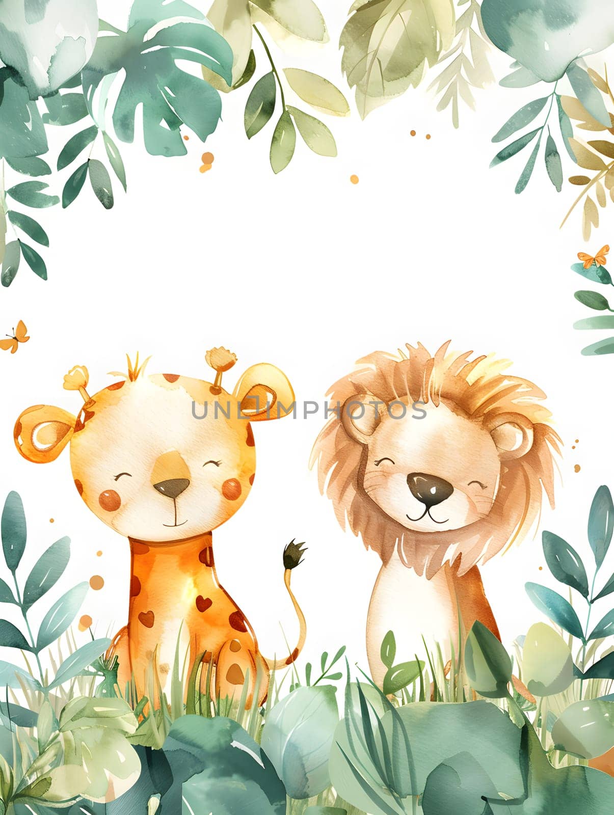 A giraffe and a lion are peacefully sitting together amongst the lush green grass and colorful floral designs in the jungle, their fur glistening in the sunlight