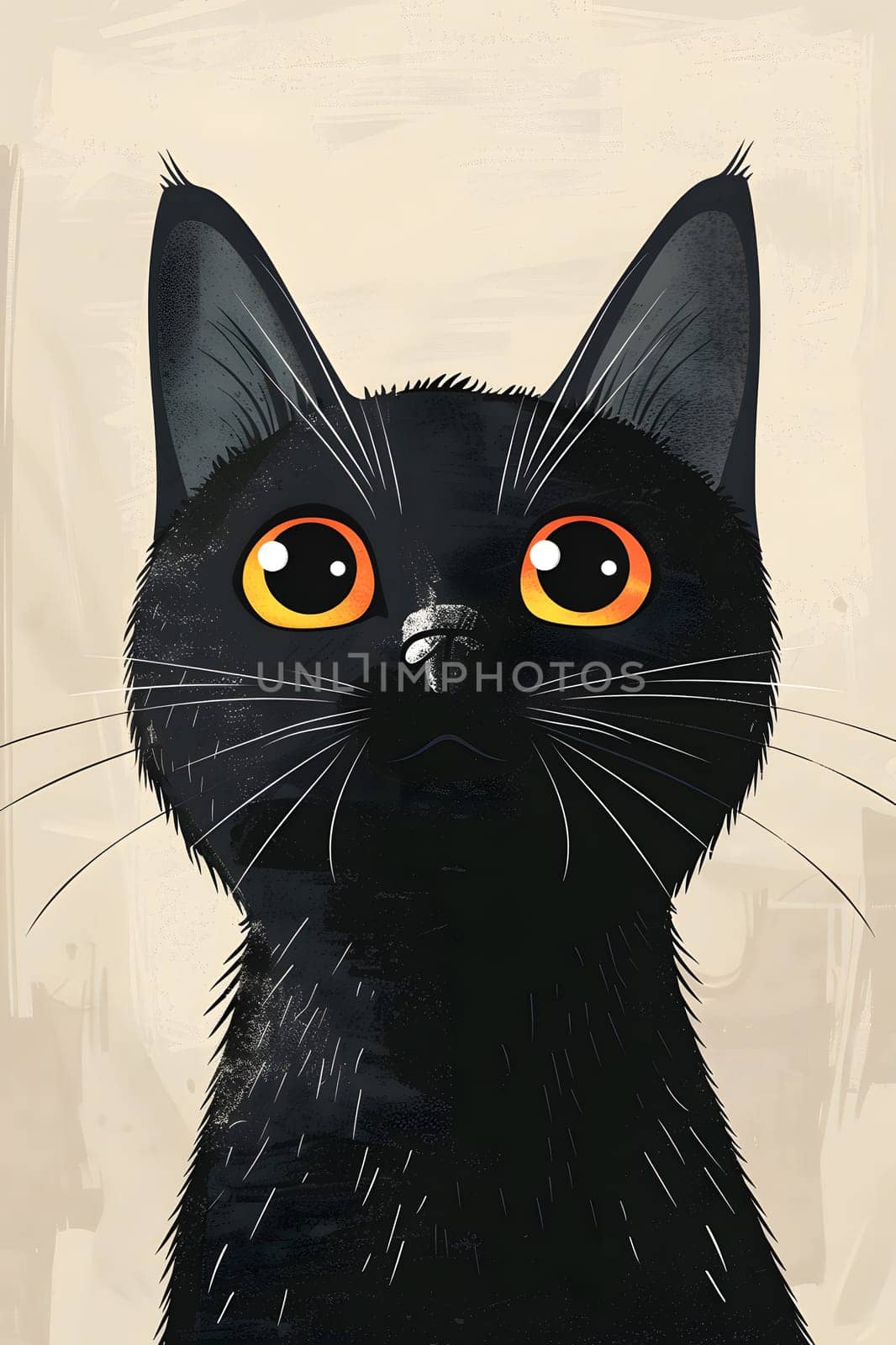 A domestic shorthaired black cat with orange eyes from the Felidae family is staring at the camera, showcasing its whiskers, fur, and carnivorous nature