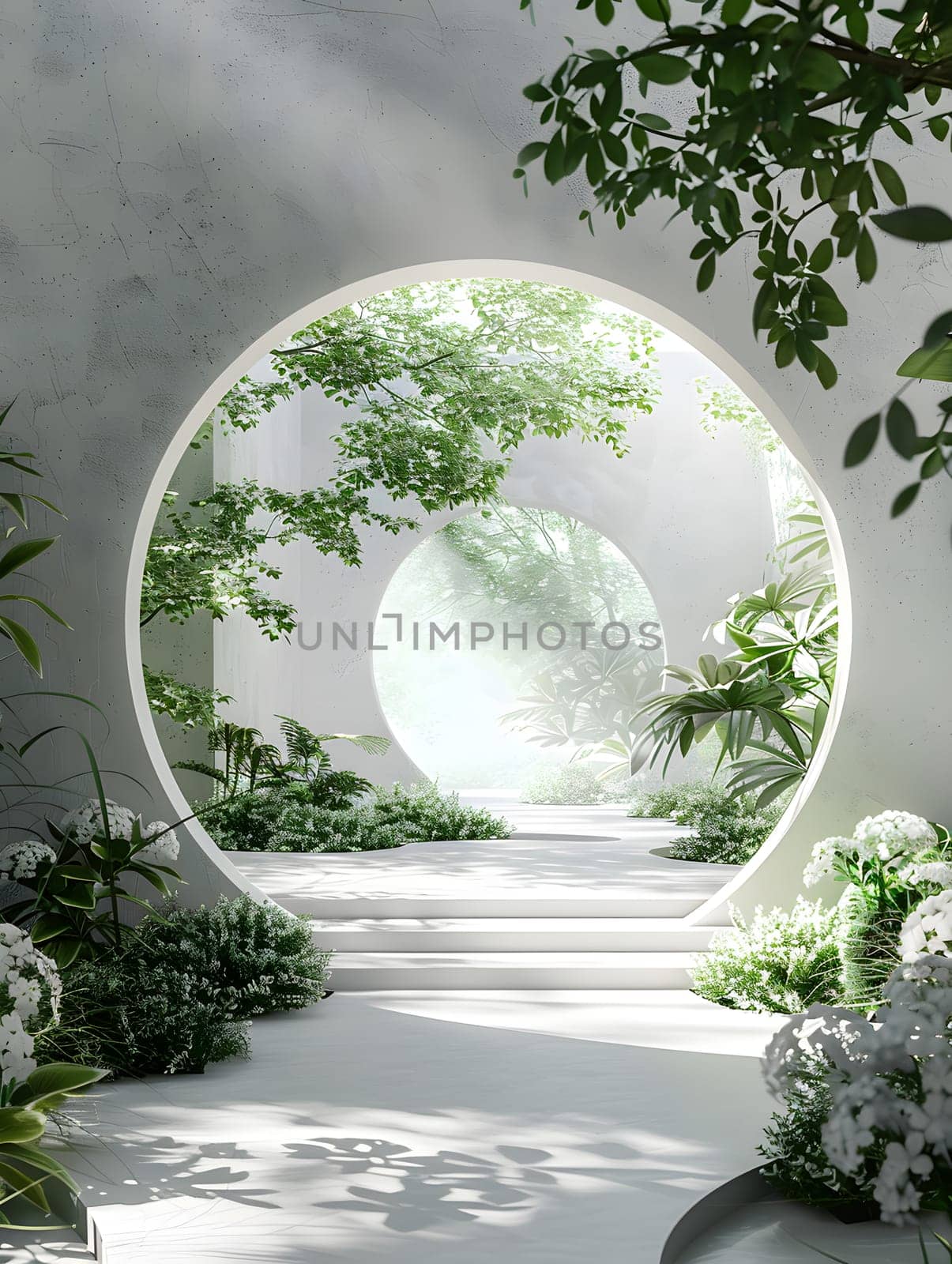 A circular doorway opens to a lush garden filled with trees, flowers, and grass. The natural landscape is a world of beauty under the sky