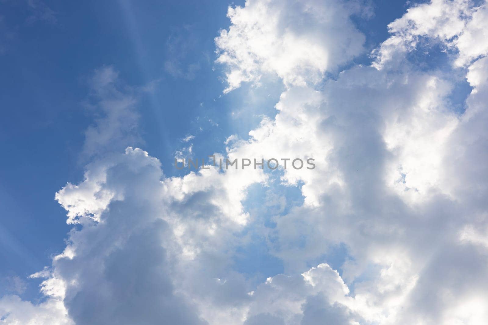 Huge clouds like cotton wool in the sky. Large white clouds against a blue sky. 