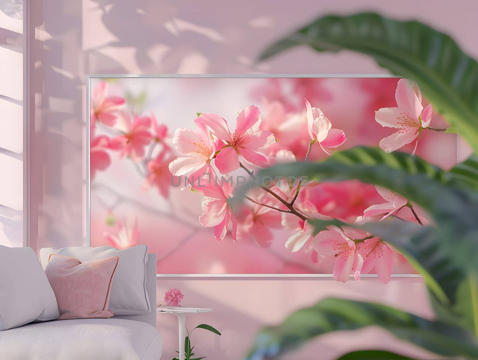 A creative arts setting with a magenta blossom picture on the wall, complementing the pink petal couch. Tints and shades of pink create a cozy atmosphere in the room