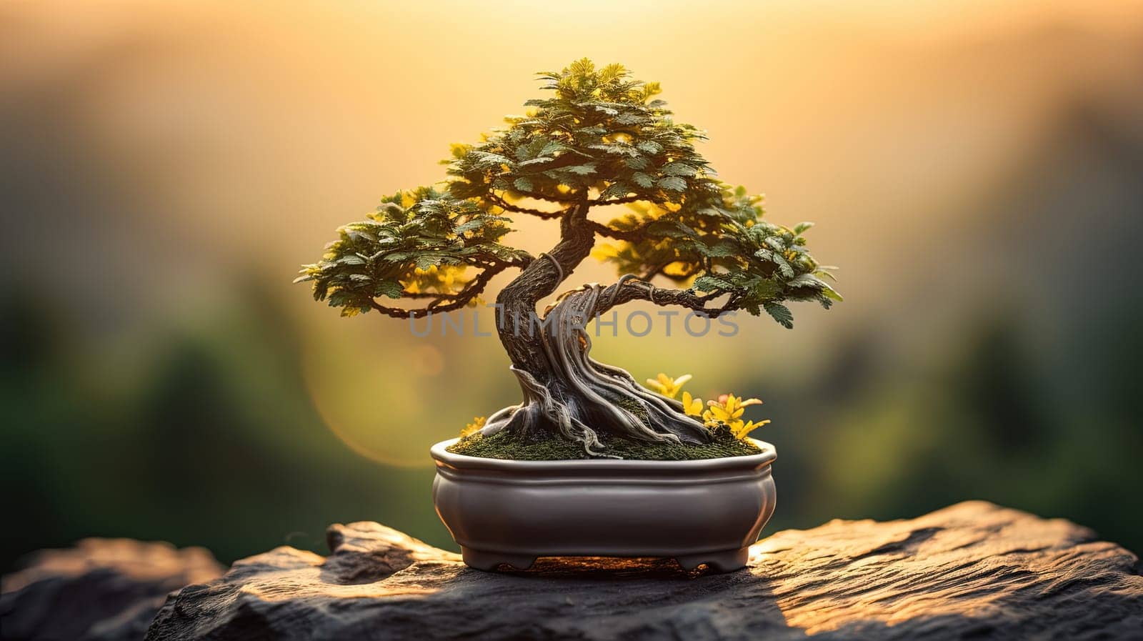 A meticulously pruned bonsai tree in small ceramic pot, bathed in soft morning light that accentuates