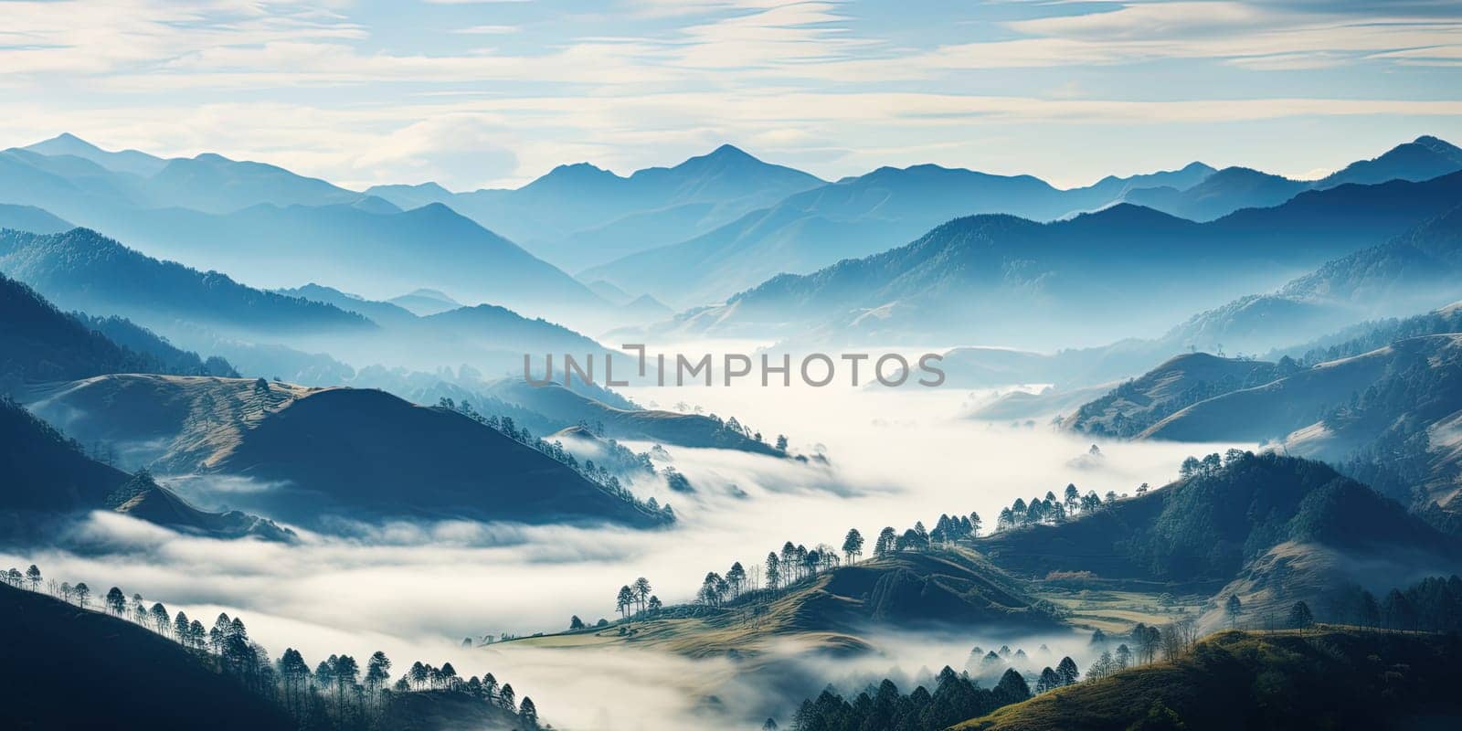 Mystical scene of mists gracefully drifting over a valley nestled between majestic mountains by Kadula