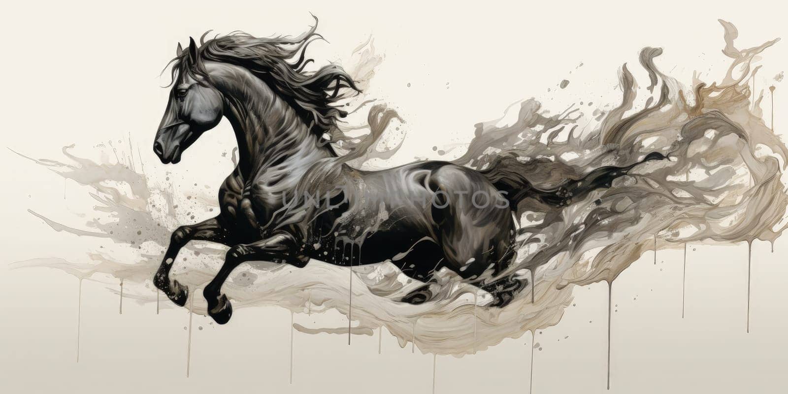 A majestic horse depicted through an ink-dripping drawing, where the flowing ink forms the intricate details of the horse's mane and musculature by Kadula