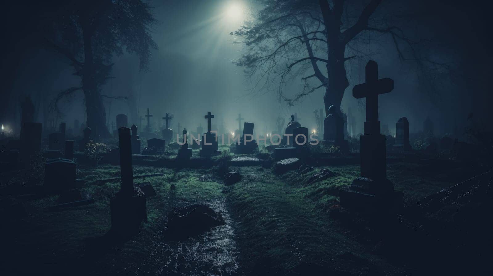 Cemetery with a darksynth vibe, the scene capturing the eerie and atmospheric nature of the graveyard under lights by Kadula