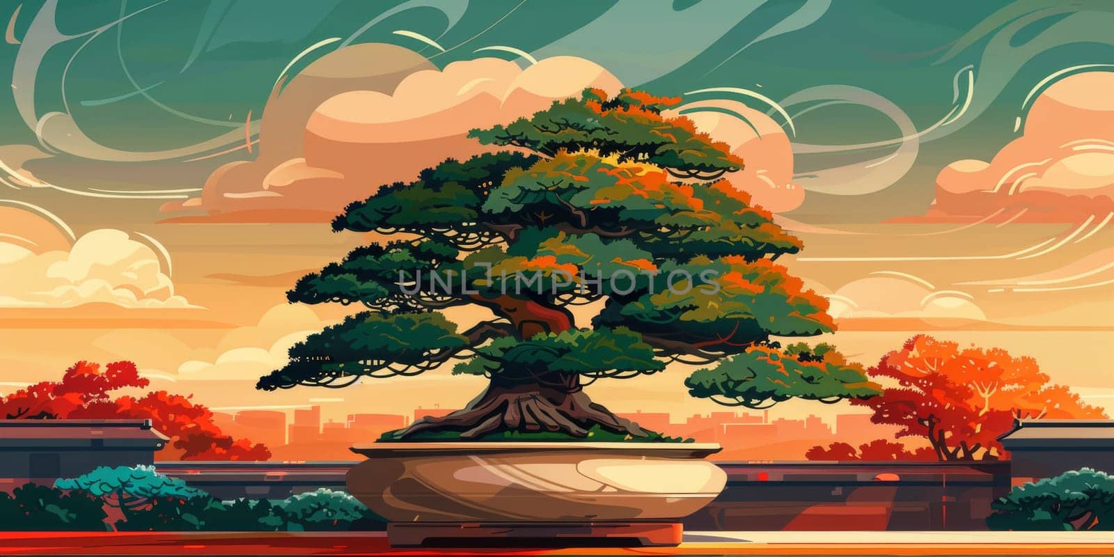 Bonsai in Japan style, ornamental tree or shrub grown in a pot and artificially prevented from reaching its normal size by Kadula