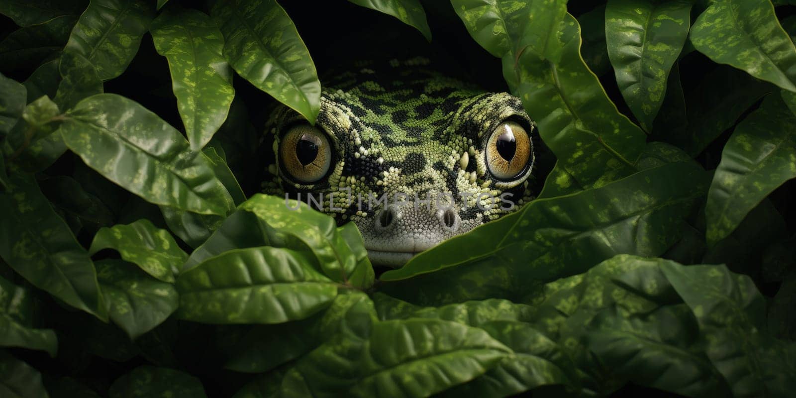 An intimate portrayal of a gecko in a front view, expertly camouflaged among the greenery of leaves